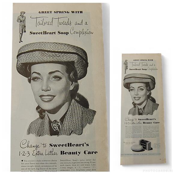 1946 SweetHeart Soap Print Ad MCM Woman in Hat Midcentury Beauty Care Routine - Picture 1 of 9